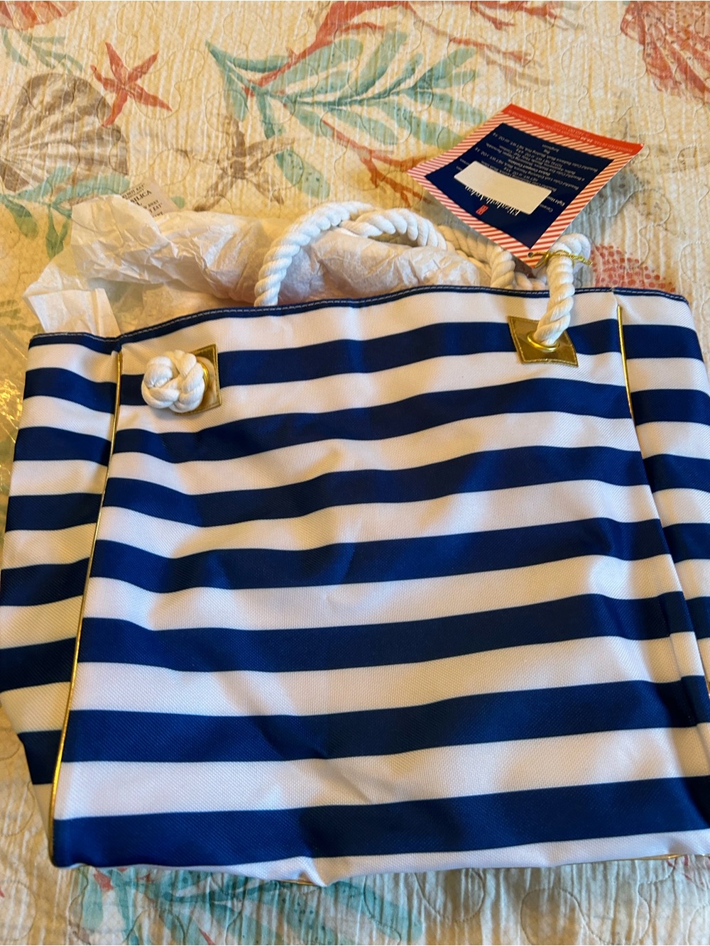 Elizabeth Arden Blue and White Striped Rope-Handle Beach Tote & Coral Sunglasses